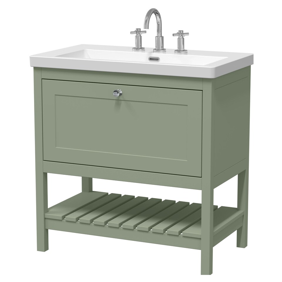 image 1 of Balterley Coppenhall Contemporary 1 Drawer Floor Standing Vanity Unit with Fireclay Basin, Fern Green, 800mm