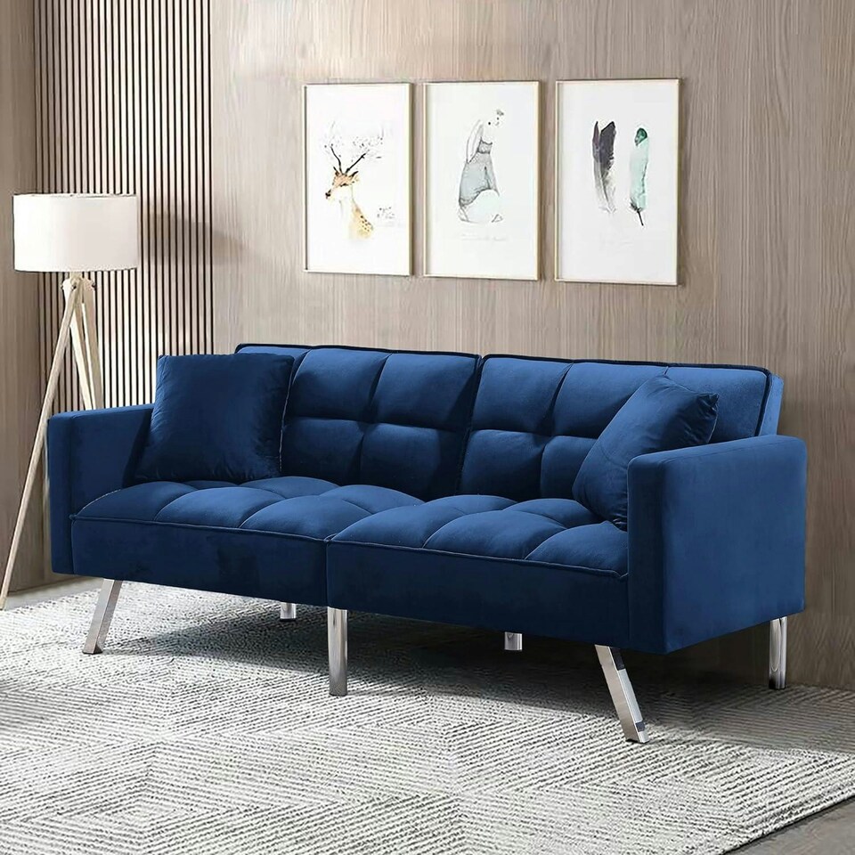 image 1 of Sofa Bed 2 Seater Blue Velvet Click Clack Sofa Settee Recliner Couch with Metal Legs 2 Pillows Blue