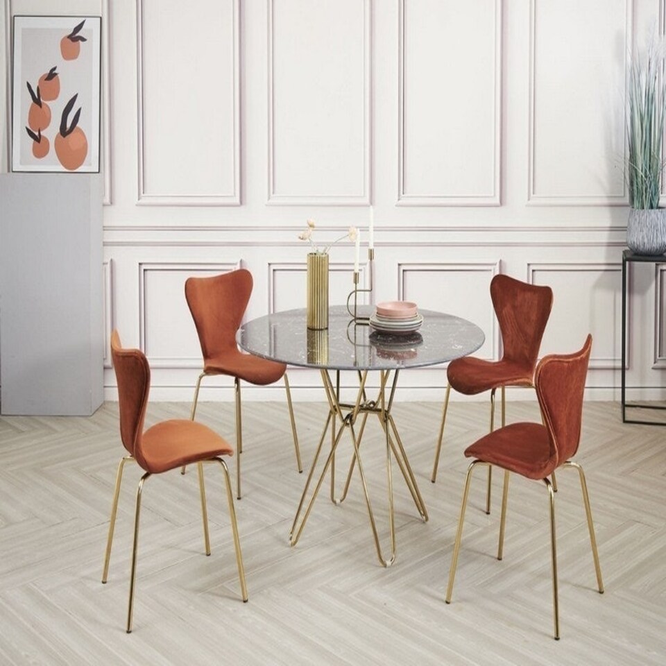 image 1 of Round Marble Dining Table with Gold Hairpin Style Leg - L120 x W120 x H75 cm - White White