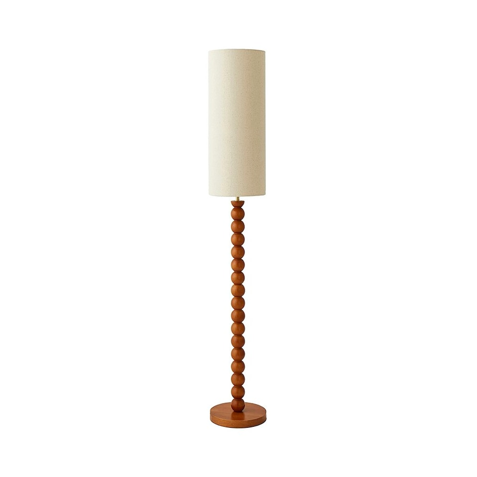 image 1 of ValueLights Wyatt Natural Linen Tall Lamp Shade Walnut Wood Bobbin Floor Lamp with LED Bulb Cream