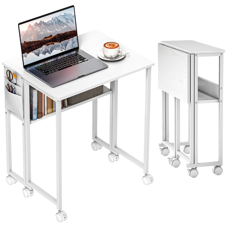image 1 of HOMCOM Folding Desk with Storage Shelf and Bag, 63 cm Foldable Computer Desk for Small Spaces, Space Saving Writing Table on Wheels for Home Office, Bedroom, Easy Assembly, White | White