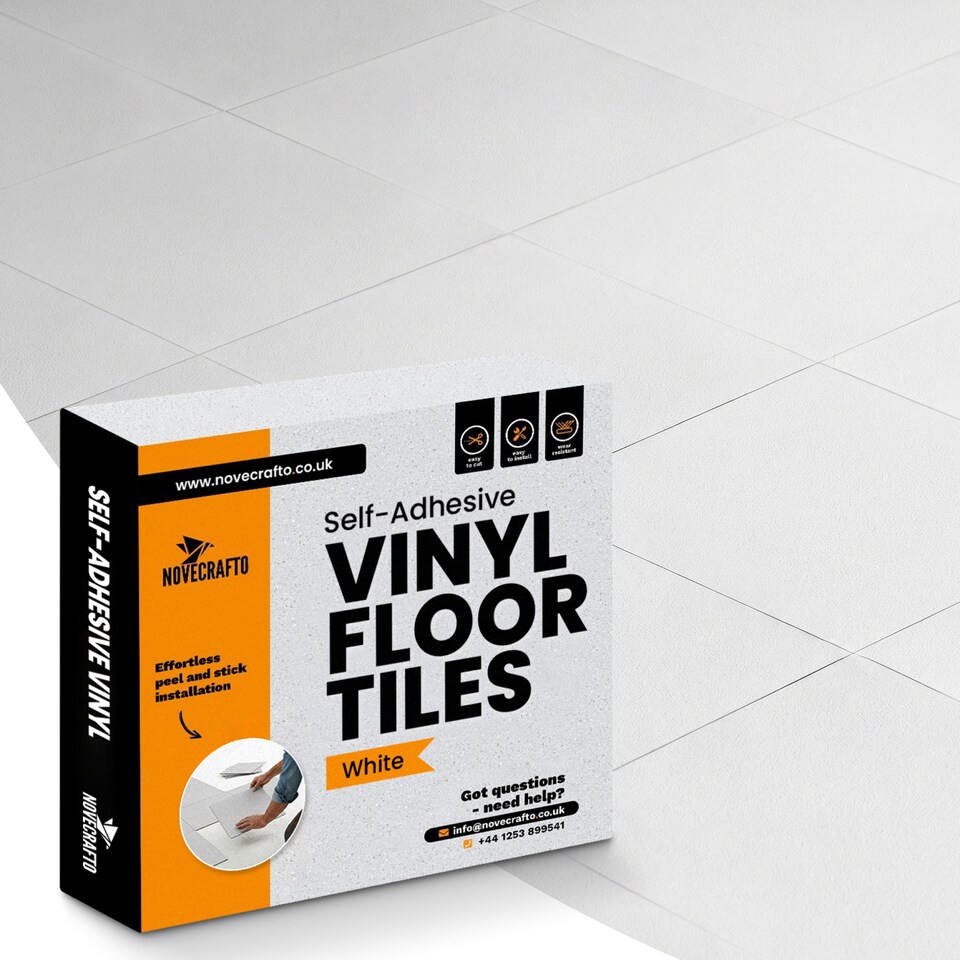 image 1 of NOVECRAFTO Vinyl Floor Tile – Self Adhesive 12x12 in – White Checkerboard – Peel & Stick for Kitchen, Bathroom & Living Room – Waterproof & Easy DIY | White | 3.72 sqm