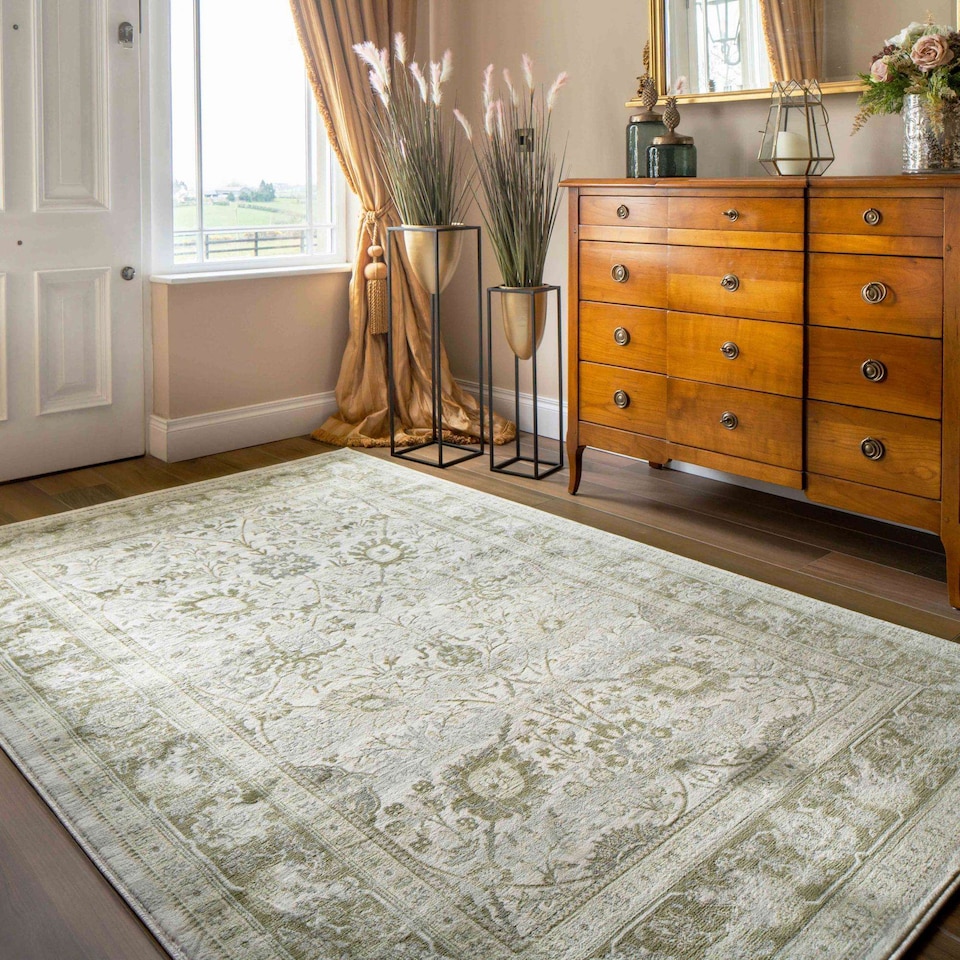 image 1 of KUKOON Vintage Traditional Green Floral Living Room Rug 60cm x 240cm