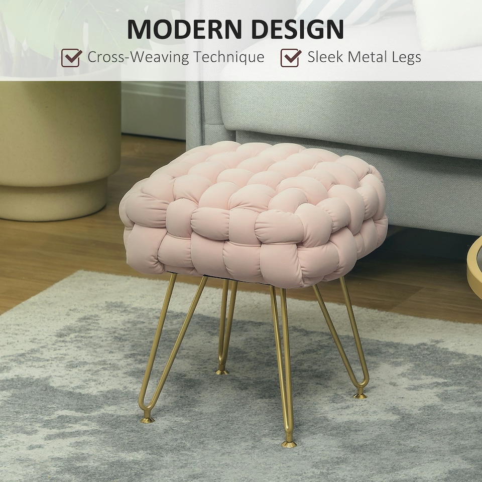 image 1 of HOMCOM Woven Velvet Foot Stool with Steel Legs for Living Room, Pink