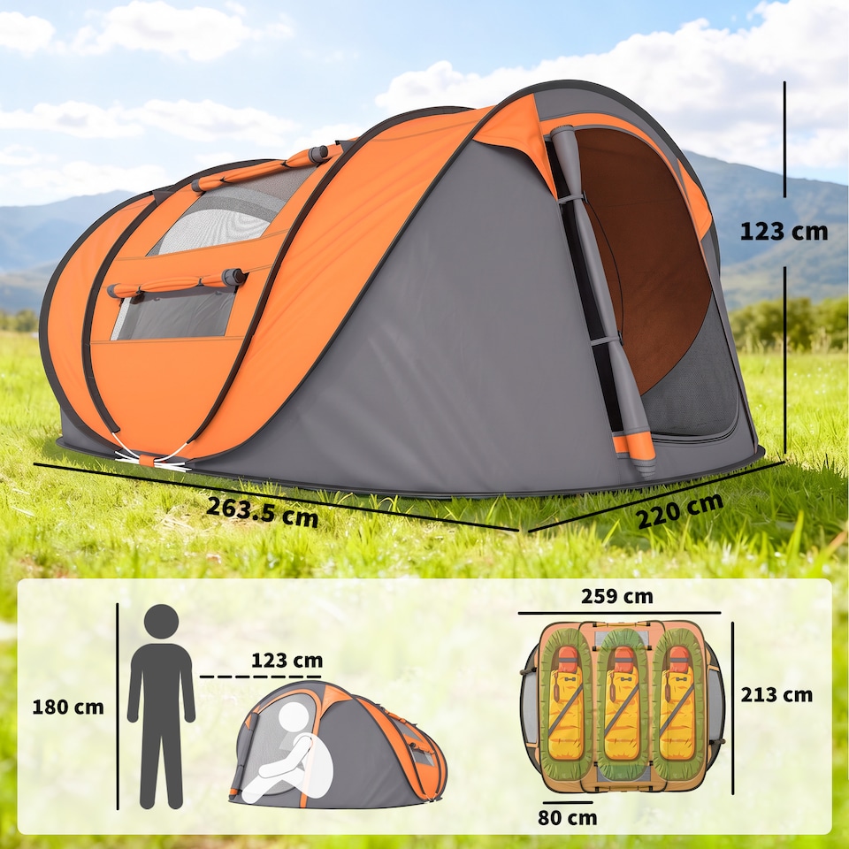 image 1 of Outsunny Camping Tent Dome Pop-up Tent with Windows for 3 Person Orange