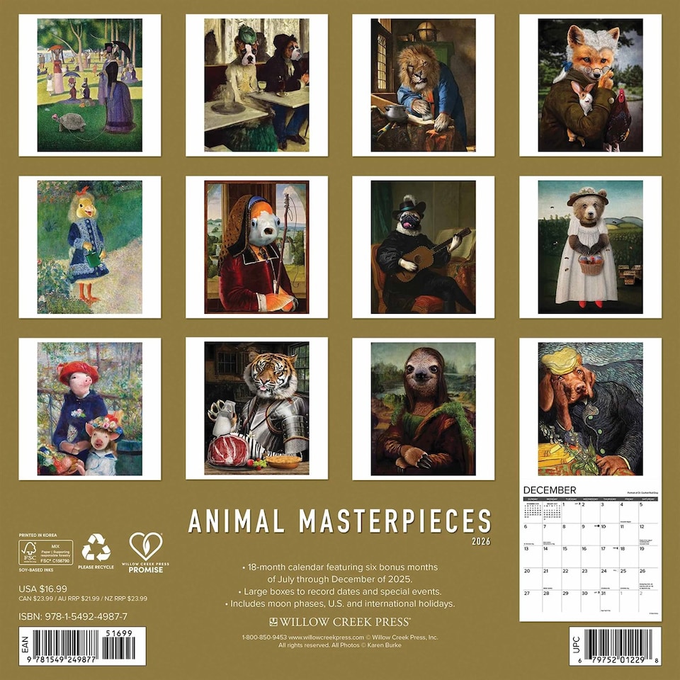 image 1 of Animal Masterpieces Calendar 2026, Wall Calendars, Month To View, Animals, Gift