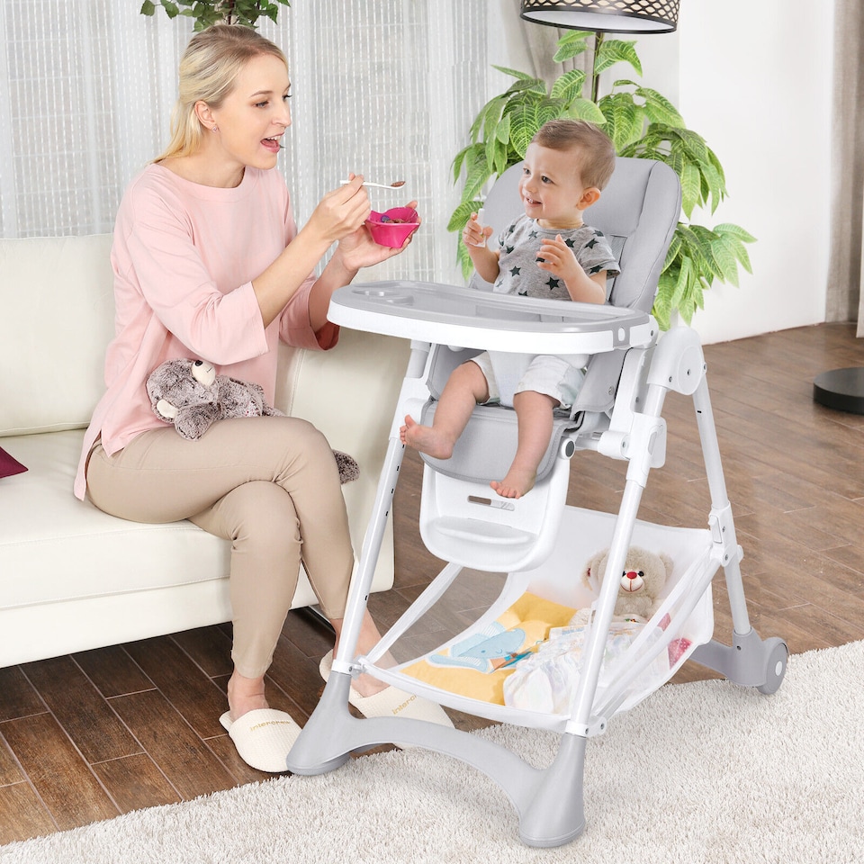 image 1 of COSTWAY Folding Baby High Chair Convertible Dining Chair Portable Highchair-Grey