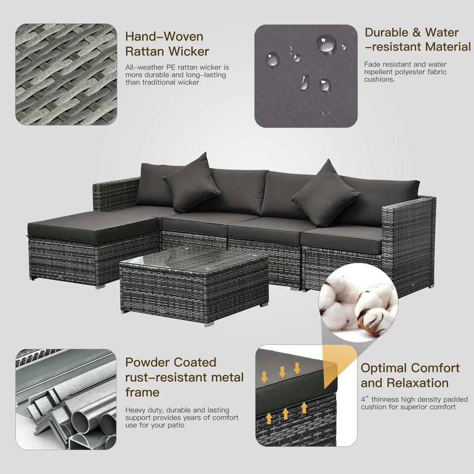 image 1 of 6pc Outsunny Deluxe Rattan Furniture Set- Grey Garden Furniture Set