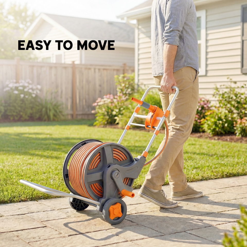 image 1 of Outsunny Hose Reel Cart with Wheels, 45+2m Garden Hose Reel, Orange | Orange | Orange and grey