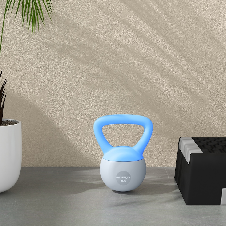 image 1 of (4KG, Light Blue and Grey) SPORTNOW Kettlebell with Non-Slip Handle