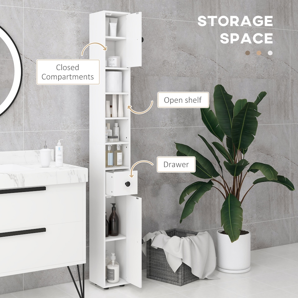 image 1 of kleankin 180cm Tall Bathroom Cabinet, Slim Bathroom Storage Cabinet with 4 Open Shelves, 2 Door Cupboards and Adjustable Shelves, White
