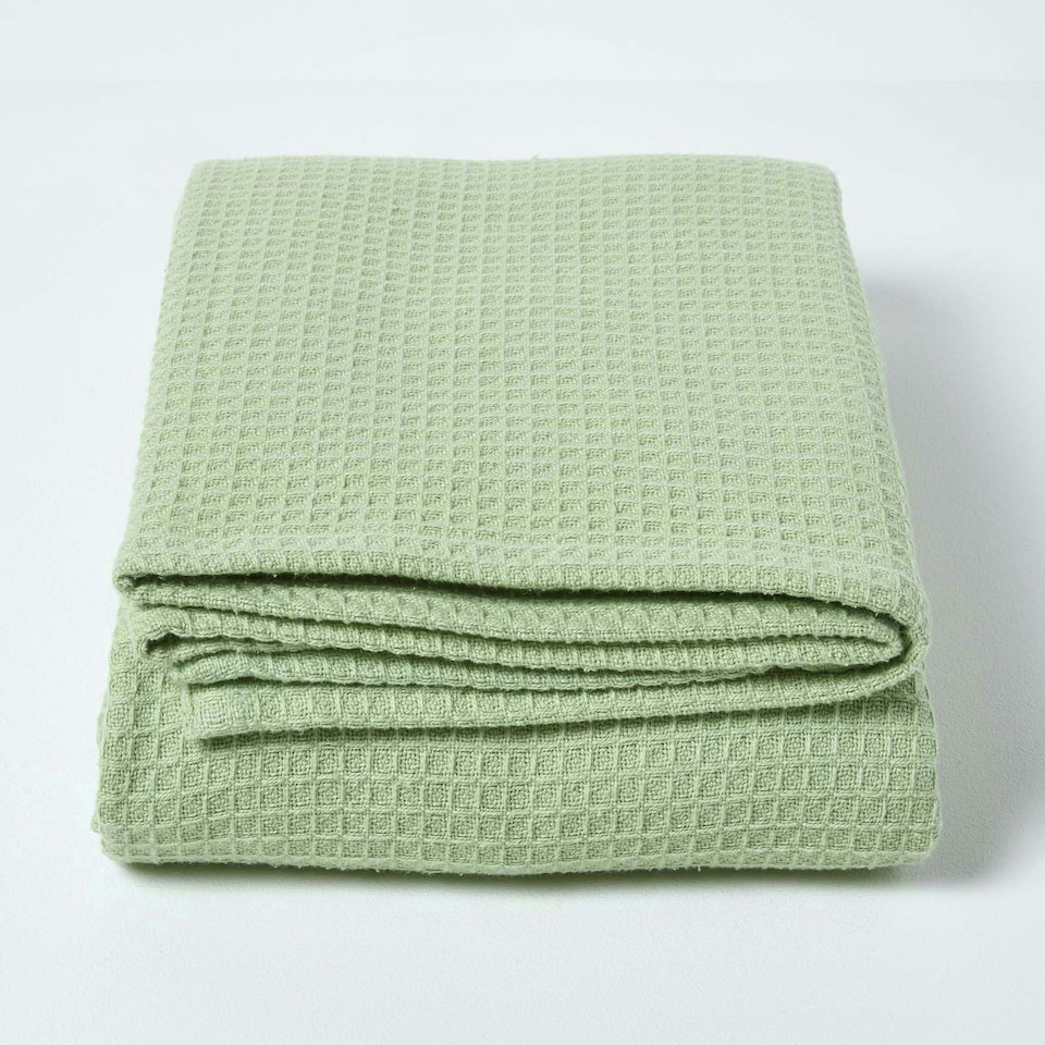image 1 of Homescapes Organic Cotton Waffle Blanket/ Throw Sage Green - 178 x 228 cm Green