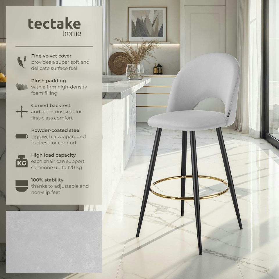 image 1 of Bar Stool Rachel with backrest and velvet look cover, 49 x 58 x 110 cm - Set of 2 Grey | Light Grey/Black
