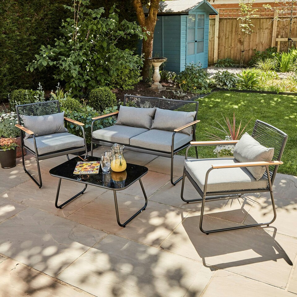 image 1 of Black Metal 4 Piece Garden Set Padded Cushion Glass Tabletop Outdoor Furniture