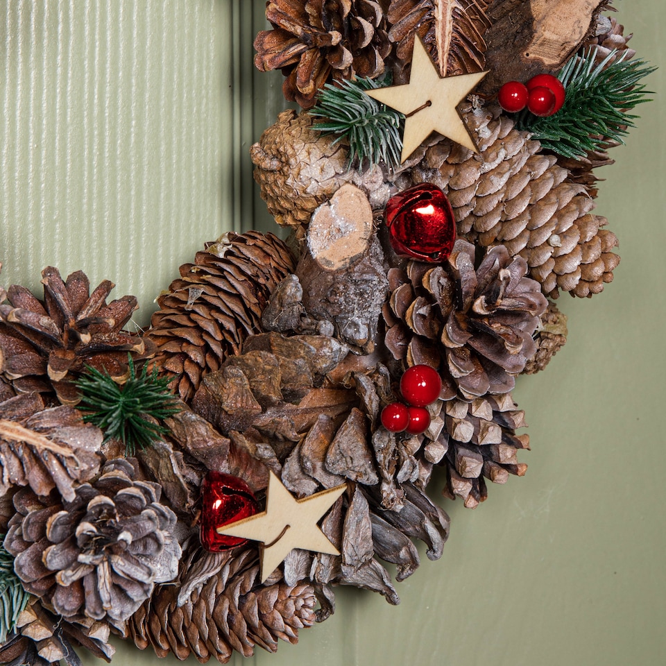 image 1 of 36cm Frosted Hanging Christmas Wreath with Red Jingle Bells & Wooden Stars