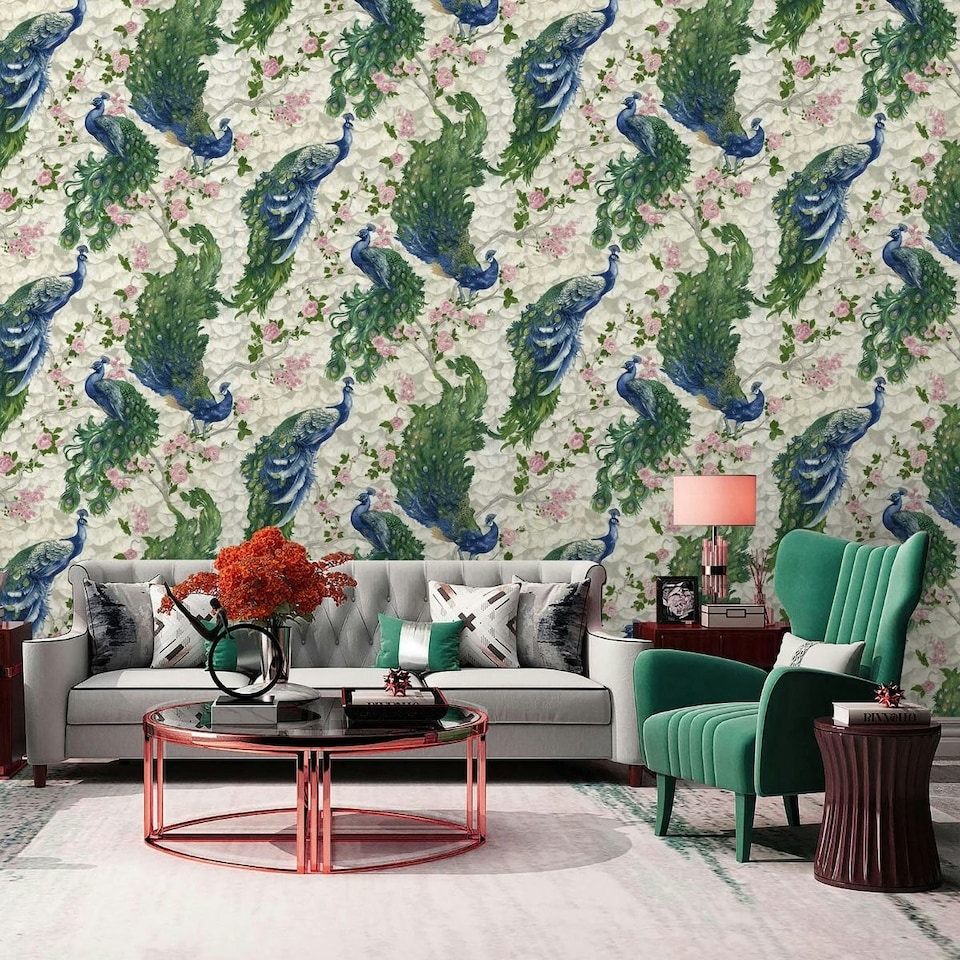 image 1 of Limetree Hera Peacock Vinyl Textured Wallpaper - Multicoloured - 10m x 53cm Multi