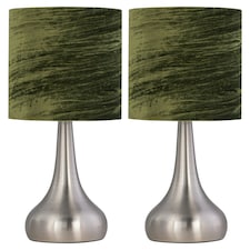 Set of 2 Romana - Brushed Chrome Touch Operated Table Lamps Bedside Lights Dark Green Crushed Velvet Shade Silver | Green