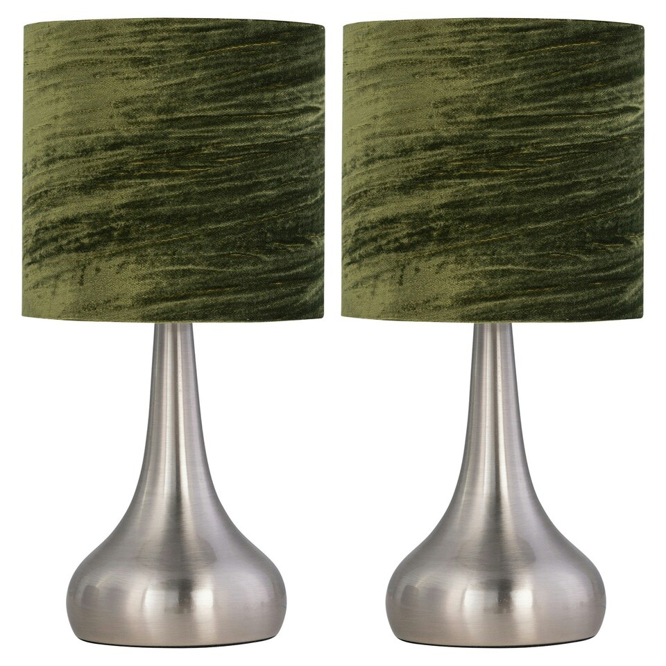 image 1 of Set of 2 Romana - Brushed Chrome Touch Operated Table Lamps Bedside Lights Dark Green Crushed Velvet Shade Silver | Green