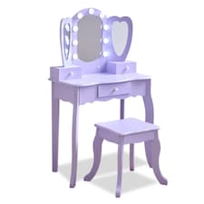 Teamson Kids Heart-Shaped Play Vanity Table with LED Lights, Triple Mirror, Stool & Storage Drawers, Violet | Purple