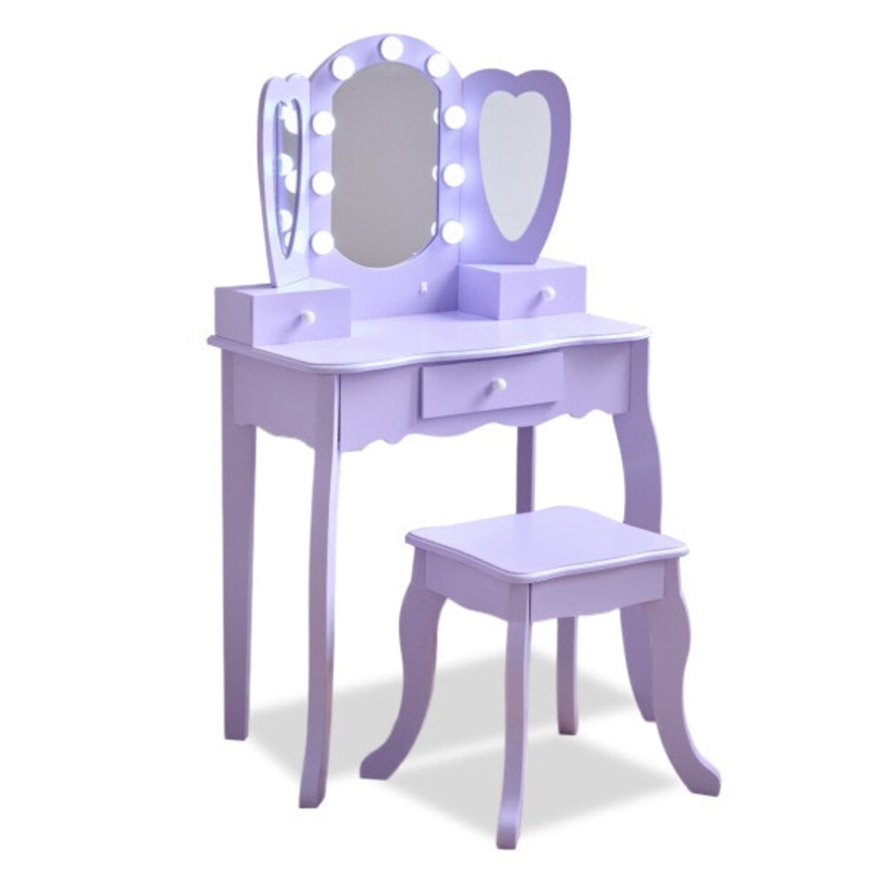 image 1 of Teamson Kids Heart-Shaped Play Vanity Table with LED Lights, Triple Mirror, Stool & Storage Drawers, Violet | Purple