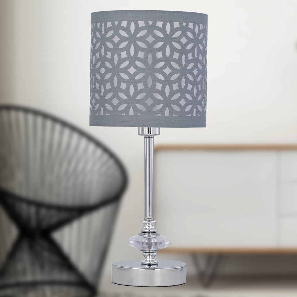 image 1 of Chrome Jewelled Table Lamp with Grey Cut Out Shade | Chrome | Grey | Medium | 1