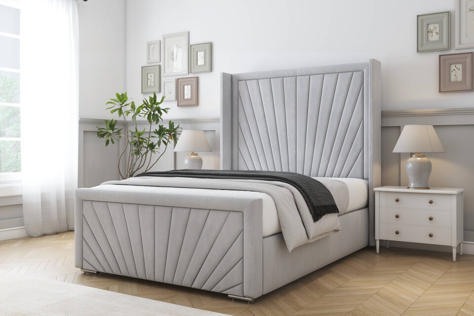 image 1 of Sloomy Rutherford Silver Naples Bed Frame With Mattress With 50"  Upholstered Wingback Headboard 6' Super King