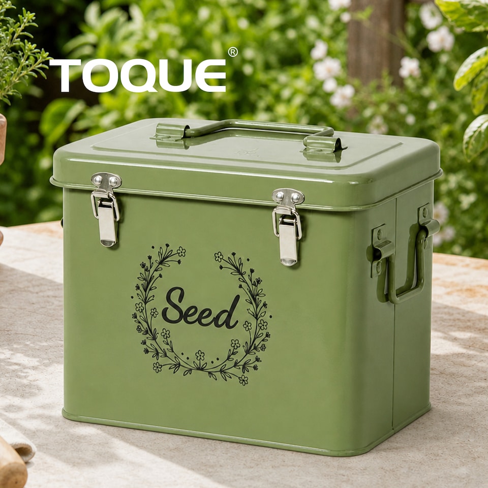 image 1 of TOQUE Seed Storage Box Organiser 3 Compartment Metal Seed Storage Green