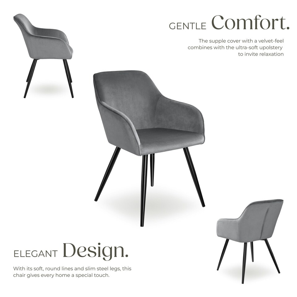 image 1 of Dining Chair Marilyn - with armrests, padded, velvet look, black steel legs - per piece Grey | Grey/Black