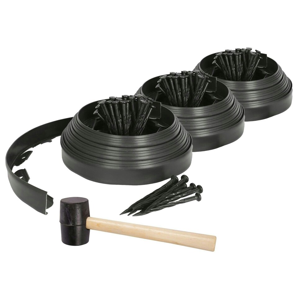 image 1 of Harbour Housewares Flexible Plastic Lawn Edging with 120 Pegs & Mallet - 30m x 4cm - Black Black