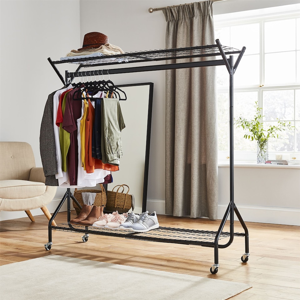 image 1 of House of Home Clothing Rail Heavy Duty Hanging Clothes Shoe Hat Rack Shelves With Wheels 5ft x 5ft | Black