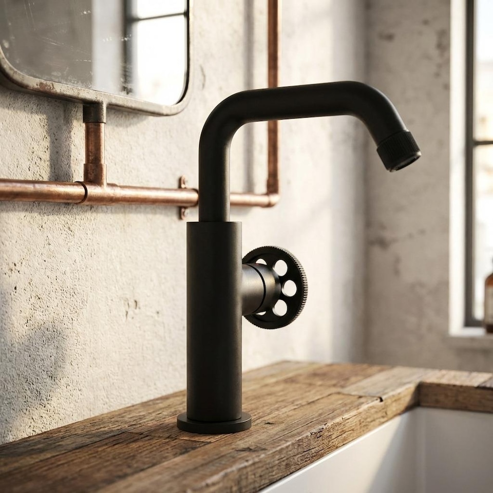 image 1 of Standing Basin Tap 'L' Type Spout Industrial Black Finished Brass Retro Style