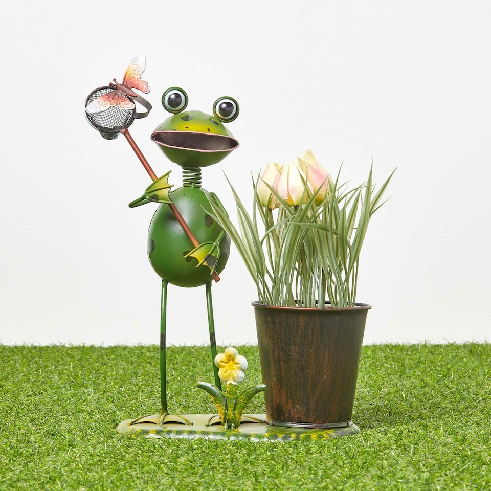 image 1 of Homescapes Metal Frog with Butterfly Net and Flower Pot - 31 cm Tall