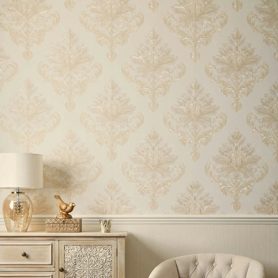image 1 of Jasmine Damask Wallpaper in Ivory Silver Shimmer White