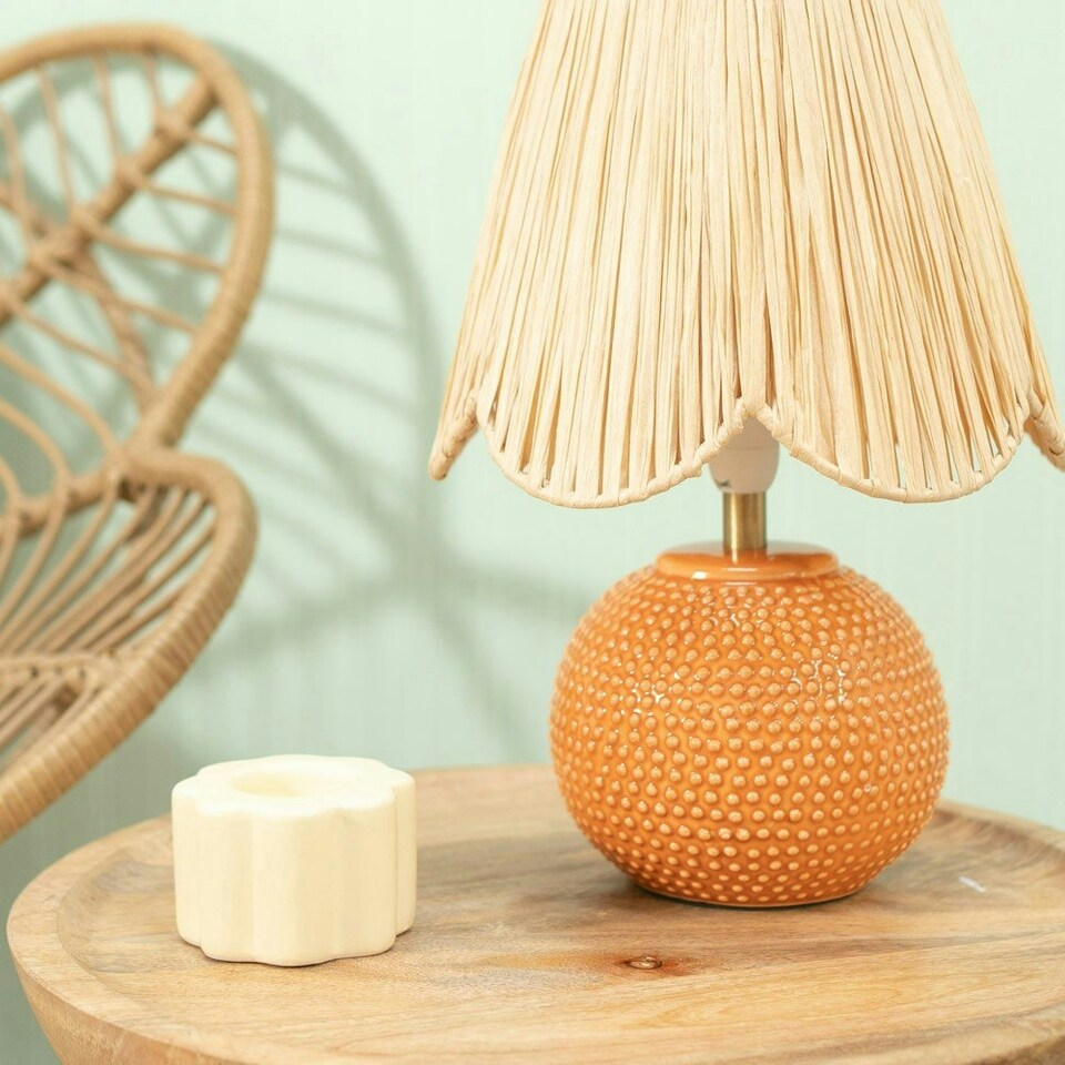 image 1 of ValueLights Sebby Ceramic Globe Textured Table Lamp with Raffia Lamp Shade and LED Bulb Orange