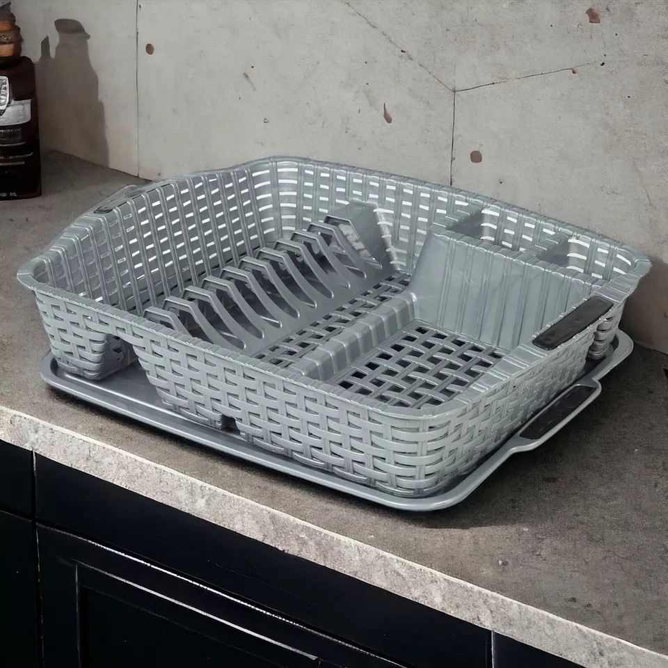 image 1 of Rattan Effect Dish Drainer with Tray | Grey | 1