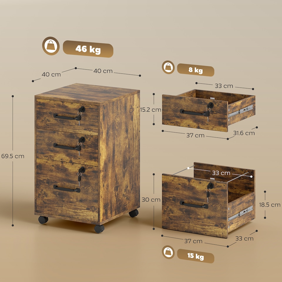 image 1 of HOMCOM Mobile Filing Cabinet with 3 Drawers and Wheels, Lockable Rolling Under Desk Drawers for A4 and Letter Sized Hanging File Holders, Printer Stand for Home Office, Rustic Brown | Brown | Rustic Brown