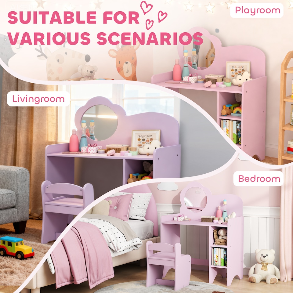 image 1 of AIYAPLAY Kids Dressing Table with Mirror, Stool, Vanity Table, Purple | Purple