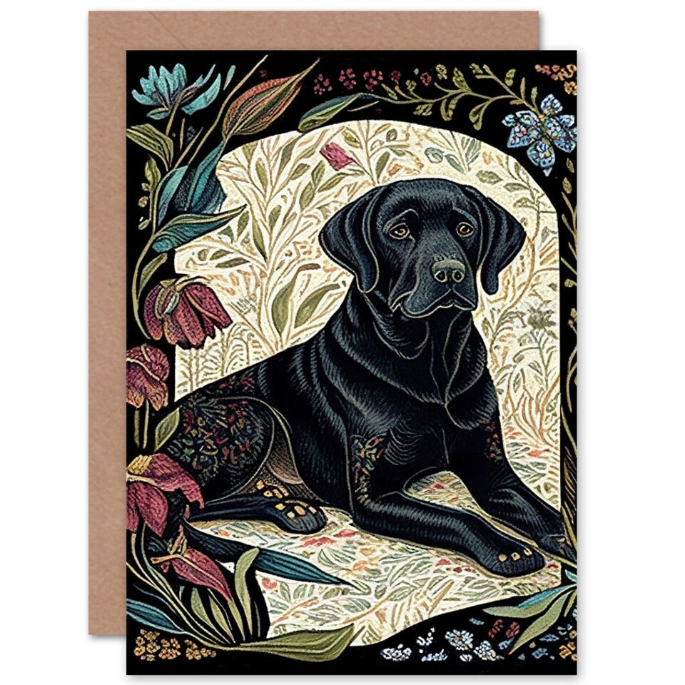image 1 of Dog Lover Black Labrador Vintage Floral Pattern Animal Greeting Card