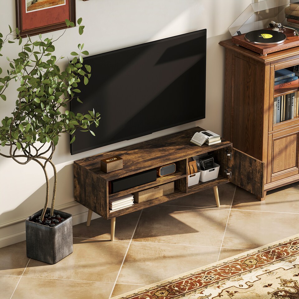 image 1 of HOMCOM TV Stand Cabinet up to 55, TV Unit with 2 Storage Shelves and Single Door for Living Room, Bedroom, Brown | Brown | 1