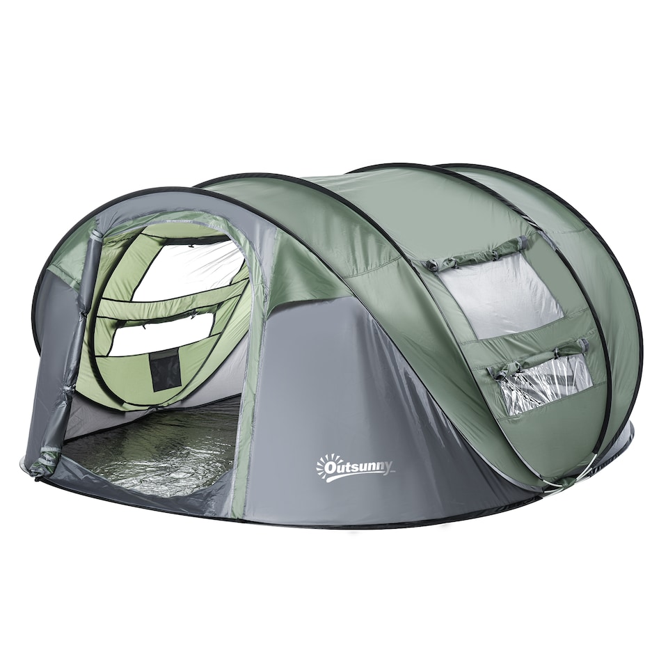 image 1 of Outsunny Camping Tent Dome Pop-up Tent with Windows for 4-5 Person Dark Green