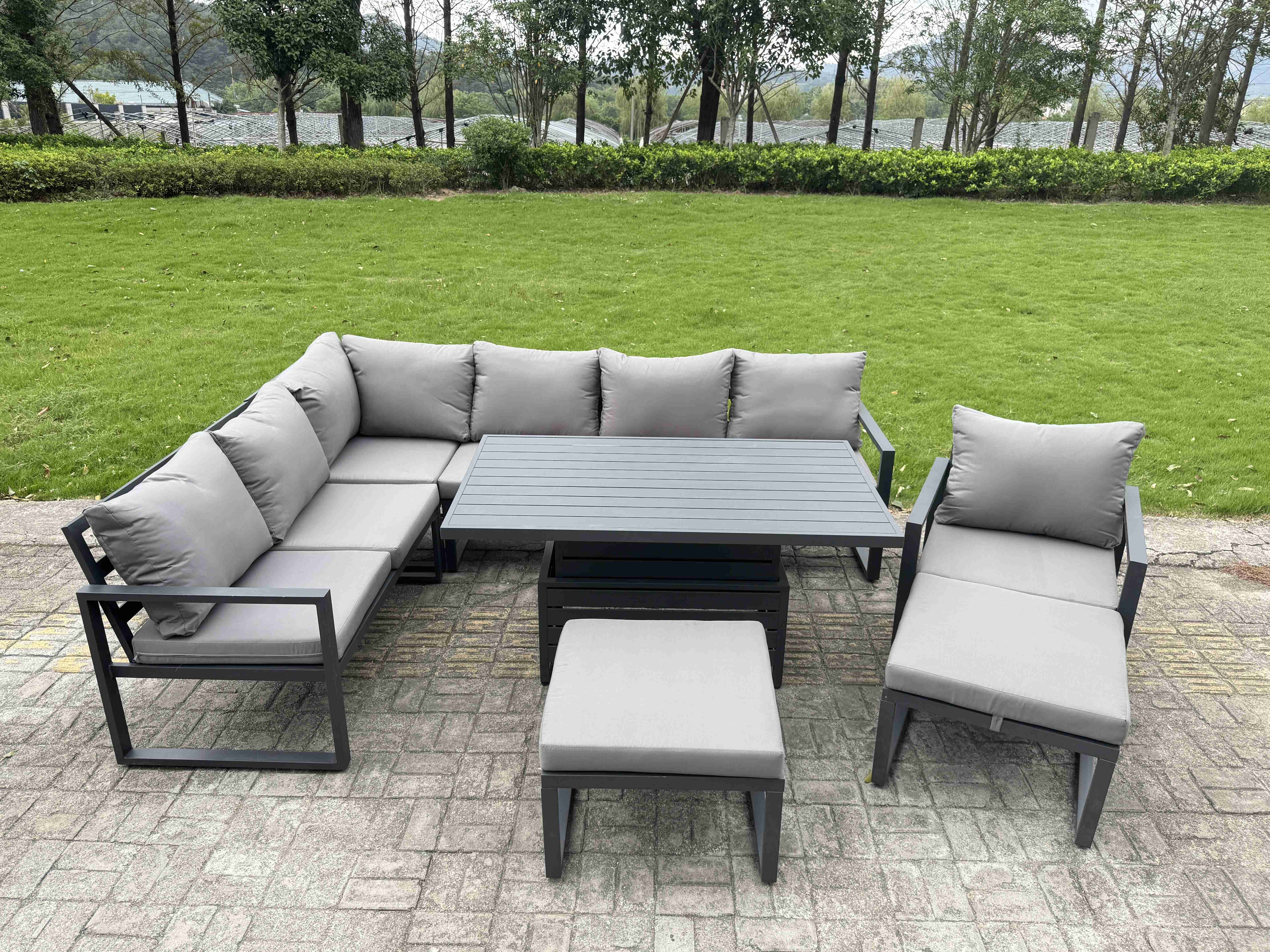 Fimous Aluminium Garden Furniture Sets,9 Seater Outdoor Conversational Dining Set with Adjustable Rising Lifting Dining Table,2 Big Footstools Dark Gr