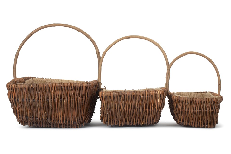 image 1 of Set of 3 Rectangular Unpeeled Willow Garden Trug With Hessian Lining | Brown | Brown | Set of 3