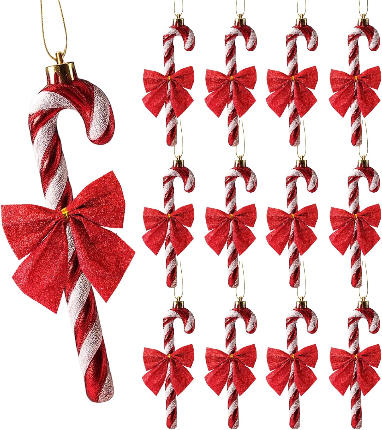 Candy Cane Christmas Decorations, 24 Piece Holiday Ornament Set with 12 Candy Canes and 12 Red Bows, Candy Canes Christmas DecorationsFestive Tree Dec