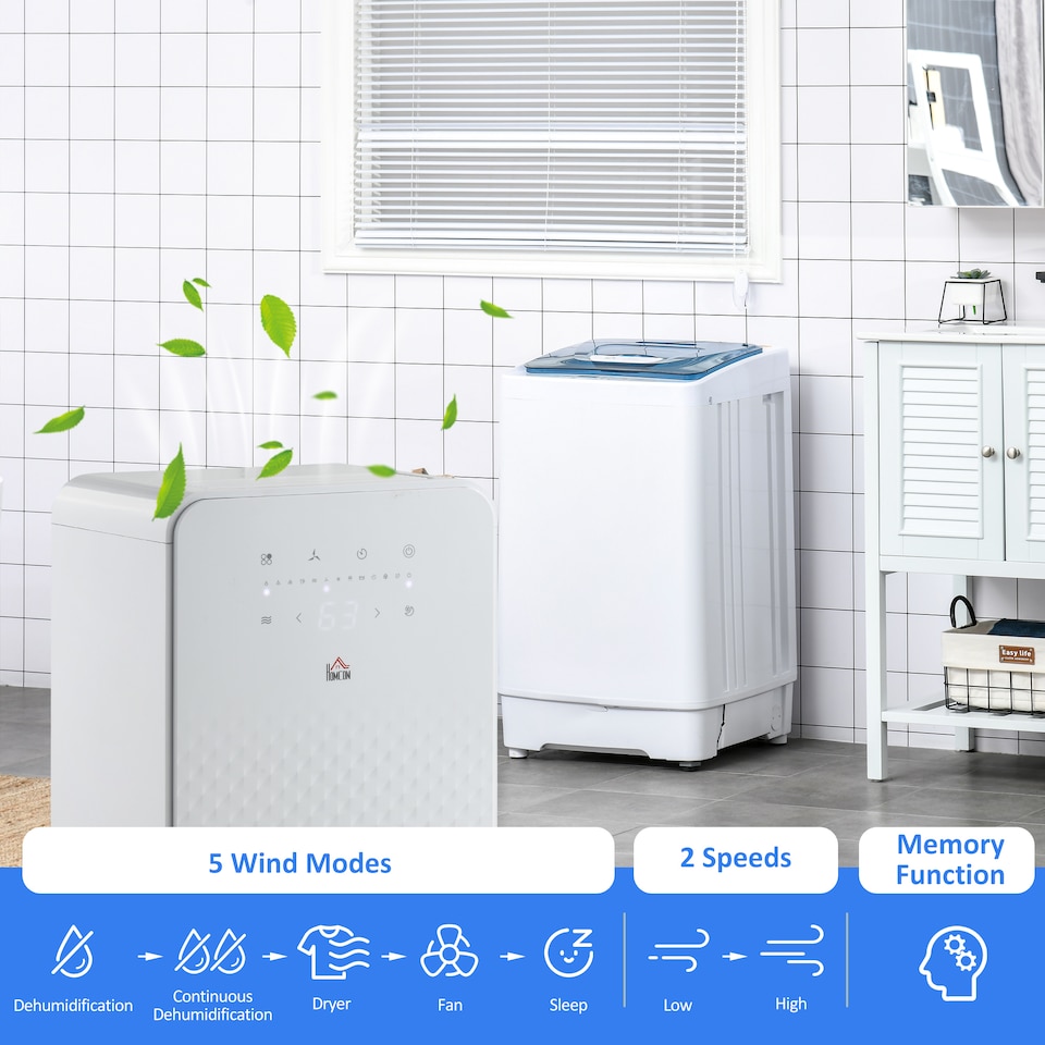 image 1 of HOMCOM 10LDay 2000mL Portable Quiet Dehumidifier with Air Purifier Filter, 24H Timer, 5 Modes, Electric Moisture Air Dehumidifier for Home Laundry Basement, White