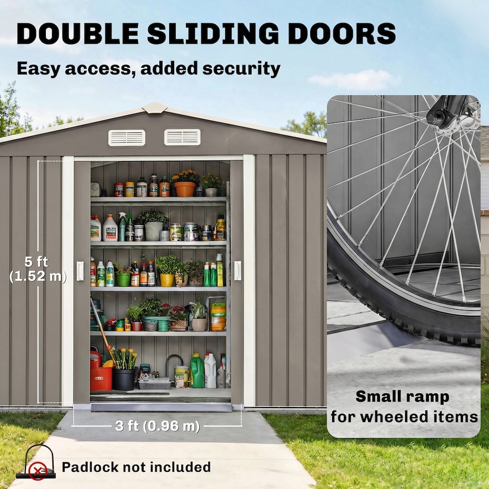 image 1 of Outsunny 9 x 6FT Galvanised Garden Storage Shed with Sliding Door, Grey | Grey