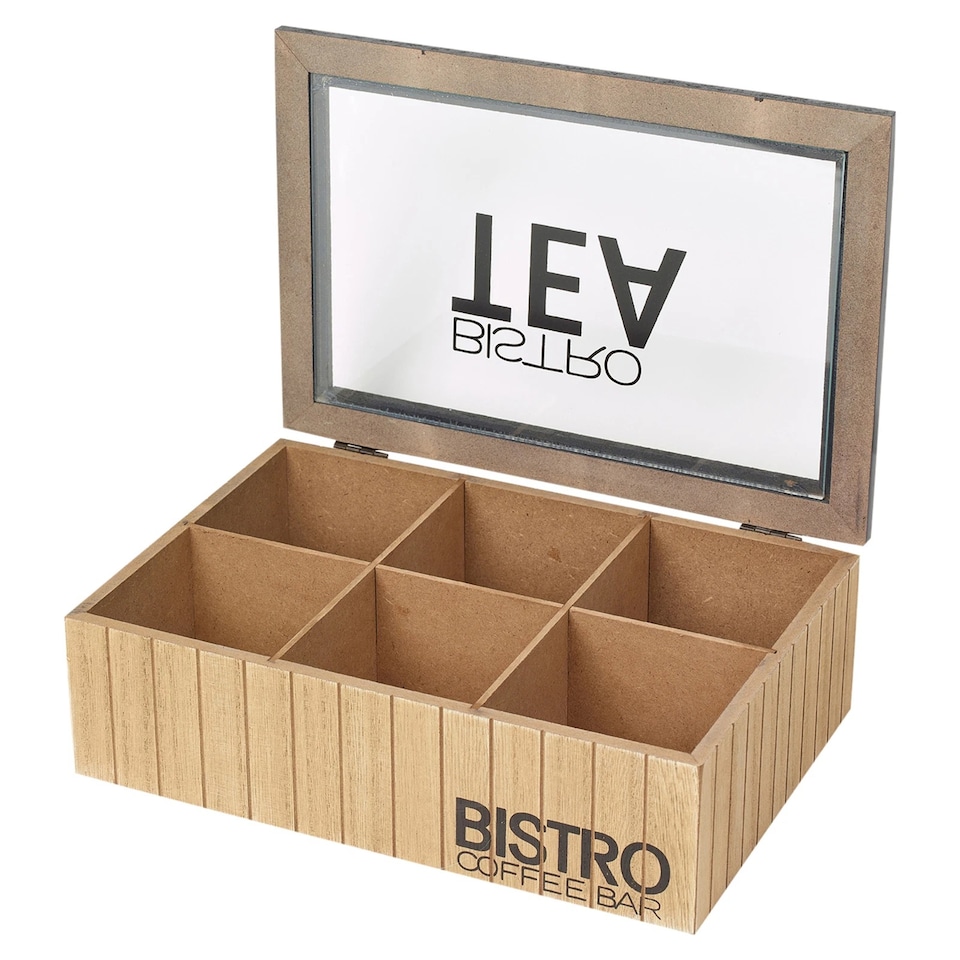 image 1 of Wooden Tea Storage Box Section Compartments Organiser Display With Clear Lid | Brown | Brown | 6 Section | 1