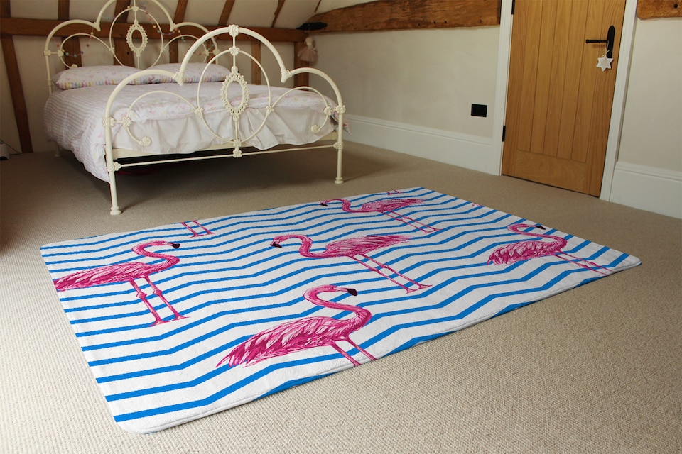image 1 of Flamingo & Blue Geometric Lines Designer Rug | Multi