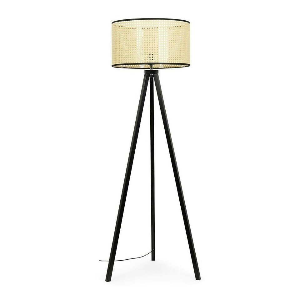 image 1 of ValueLights Barbro Black Tripod Floor Lamp Wicker Trim Shade & Bulb