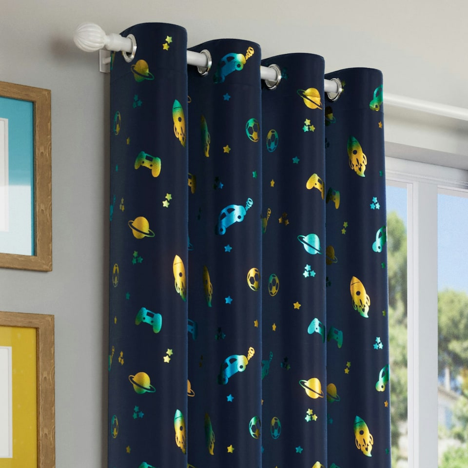 image 1 of Pair of Infinity Blue Metallic Print Kids Curtains 46 x 54 inch (117 x 137 cm) Room Darkening Eyelet Thermal Noise Reducing Curtains for Bedroom