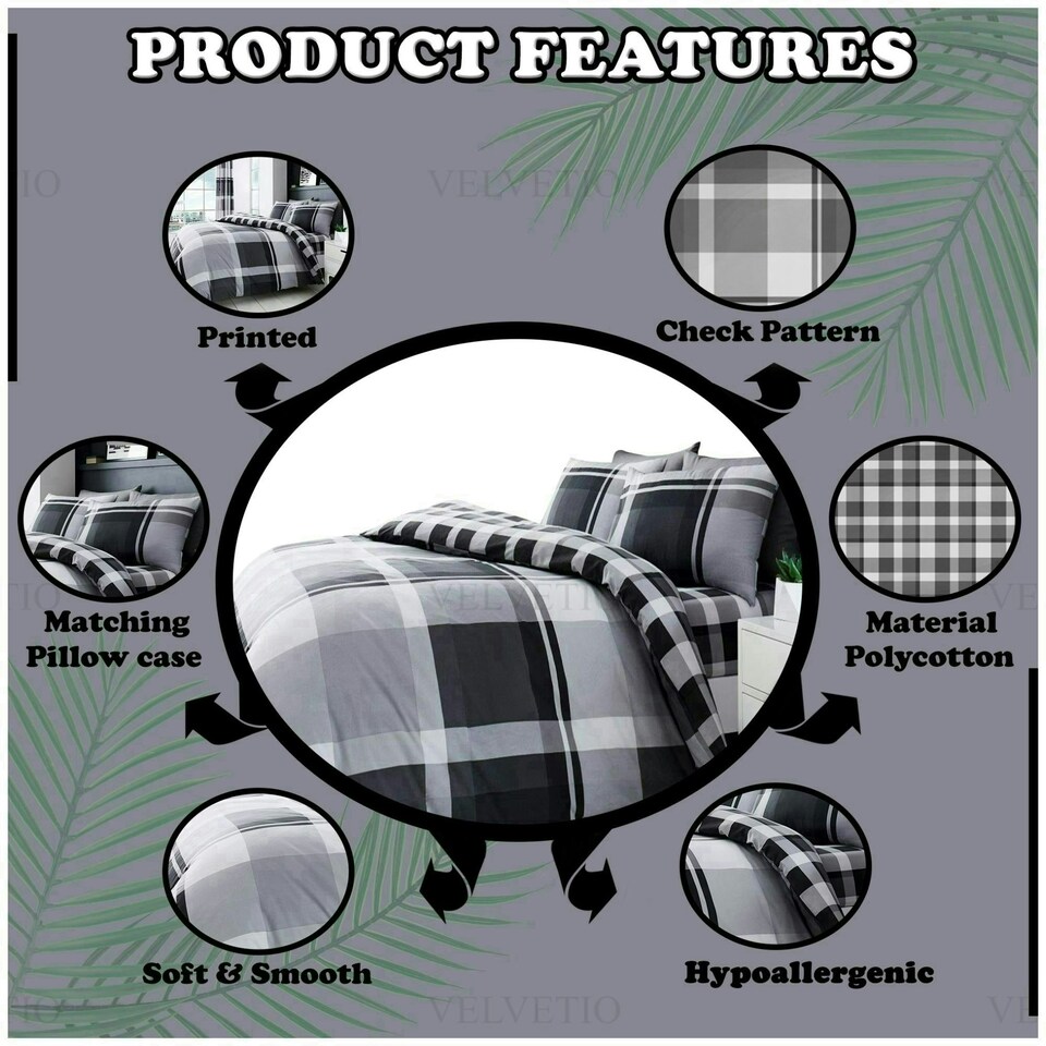image 1 of VELVETIO Waverly Check Duvet Cover Set Reversible Polycotton Easy Care Beddings Grey | Super King